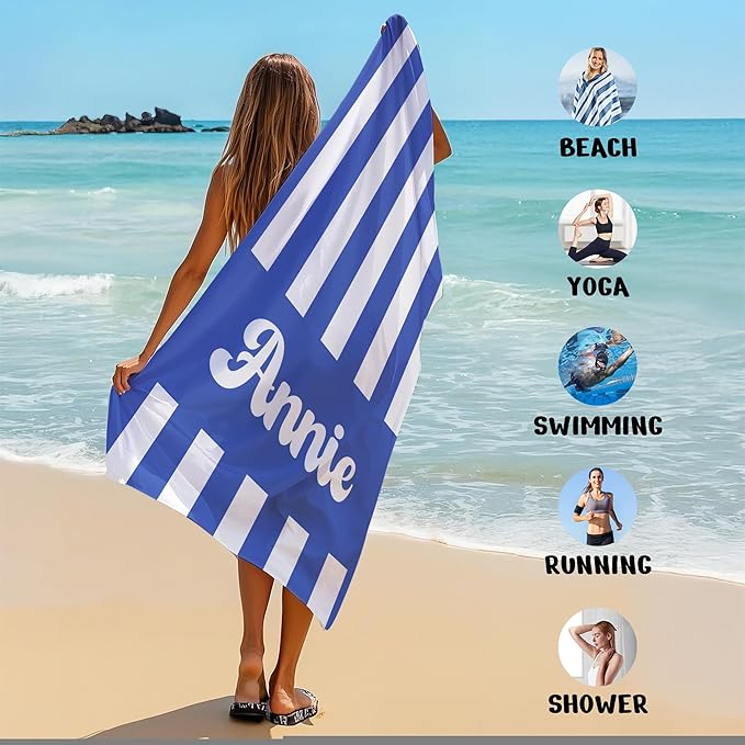 JML Personalized Beach Towel with Name, Custom Cabana Stripe Beach Towel, Customized Microfiber Pool Towel, Quick Dry & Absorbent Swim Towel for Adult,Mother's Day, Birthday, Summer Holiday,Vacation-FlexoryFit