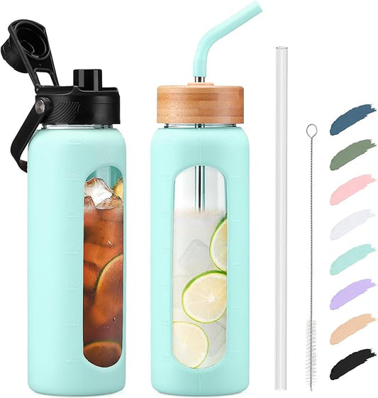 Kodrine Water Bottle with Straw, 24 oz Glass water Bottle with 2 Lids Bamboo Straw Lid and Spout Lid with Handle, 32 oz Clear Water Bottle Glass for Sports Travel, Waterbottle with Time Marker-FlexoryFit