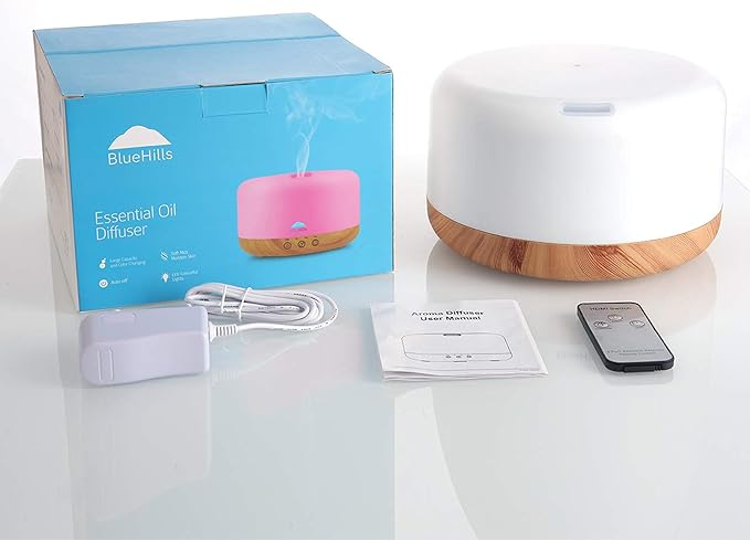 BlueHills Premium 1000 ML XL Essential Oil Diffuser Aromatherapy Humidifier with Remote Timer for Large Room Home 18 Hour Run Huge Coverage Area 1 Liter Mood Light Extra Large Capacity Wood Grain D004