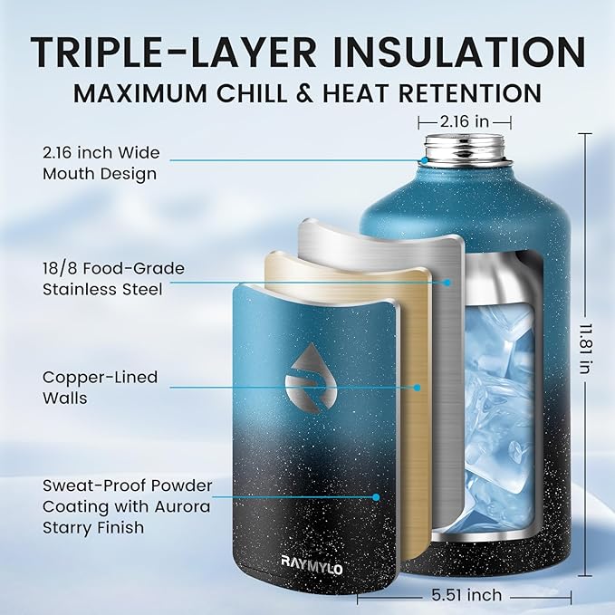 128oz Insulated Water Bottle, Triple Wall Vacuum Stainless Steel Water Bottles - Keeps Cold 48H, Reusable One Gallon Jug for Gym, Sports, Camping, Hiking,Travel, Midnight Blue Speckle-FlexoryFit
