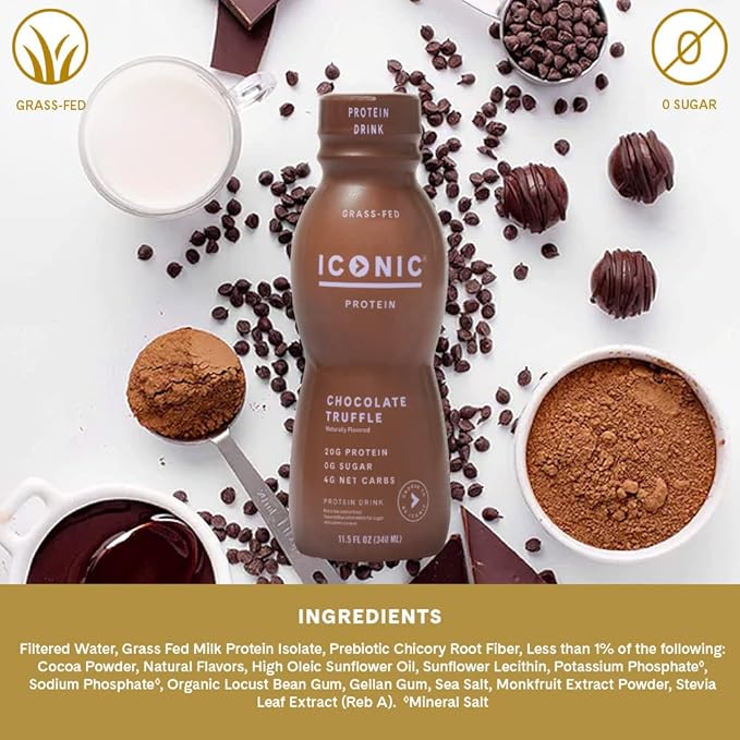 Iconic Protein Drinks, Chocolate Truffle (12 Pack) - Sugar Free & Low Carb - 20g Grass Fed Protein - Lactose Free, Gluten Free, Non-GMO, Kosher - Keto Friendly Protein Shakes-FlexoryFit