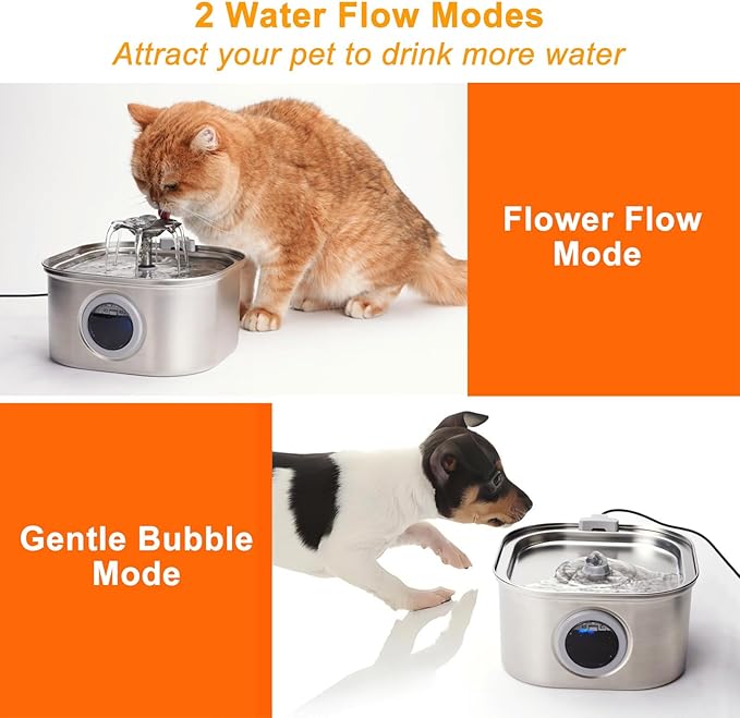Cat Water Fountain Stainless Steel with 5 Filters & Window-3.2L/108oz Pet Water Fountain for Drinking Indoor-Ultra Quiet Family Auto Cat Dispenser Bowl for Multi-Pet Cats/Dogs