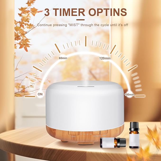 500ml Premium Essential Oil Diffuser with Remote Control. Ultrasonic Aromatherapy Humidifier Vaporizer. 7 Colors Lights. Comes with Timer & Auto-Off for Home & Office (Wood)