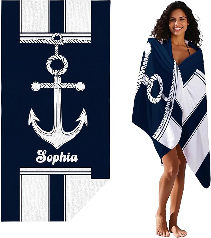 JML Personalized Beach Towel with Name, Custom Anchor Beach Towel, Customized Microfiber Pool Towel, Quick Dry & Absorbent Swim Towel for Adult,Anniversary, Birthday, Summer Holiday,Vacation-FlexoryFit
