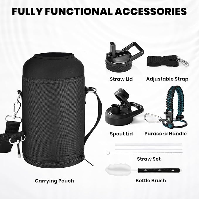 Insulated Water Bottle 64 oz, Triple Wall Vacuum Stainless Steel (Cold for 48 Hrs), Leak Proof & Non-BPA, Half Gallon Water Flask Jug with Paracord Handle & Straw Spout Lids-FlexoryFit