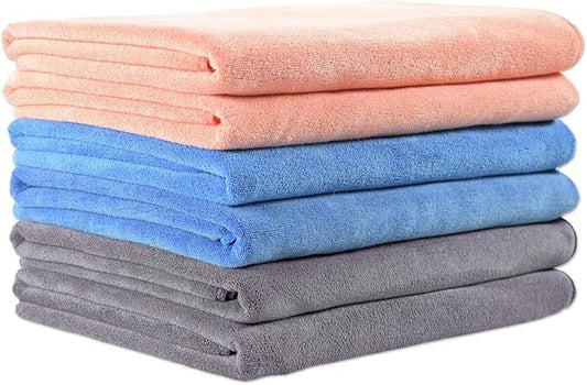 JML Microfiber Towels, Bath Towel Set (6 Pack, 27" x 55") - Extra Large, Soft, Absorbent, Fast Drying Bathroom Towel for Shower, Swimming, Fitness, Sport, Yoga, Peach/Grey/Blue-FlexoryFit