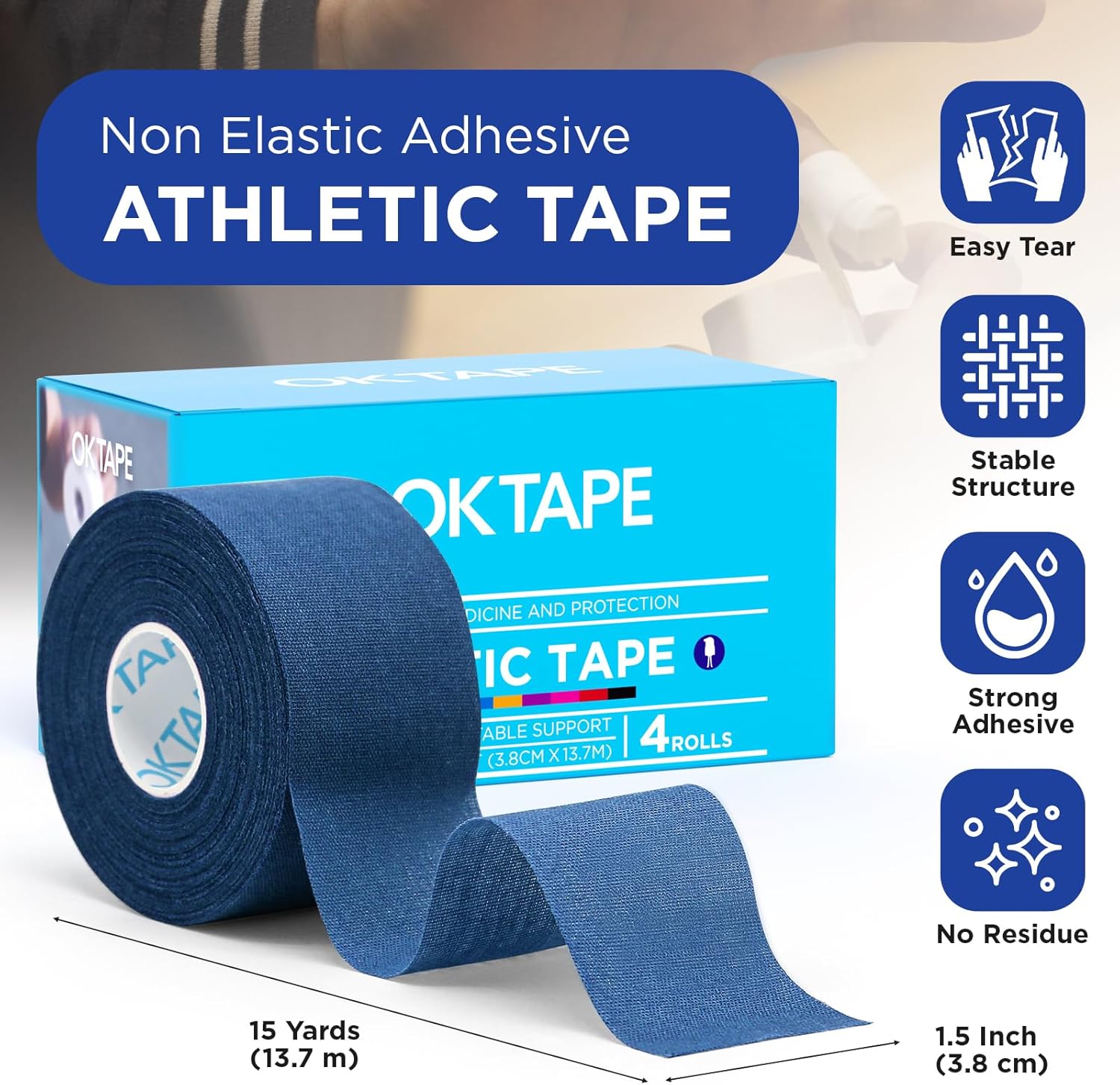 OK TAPE 4 Rolls Athletic Tape, Sports Tape, Very Strong Easy Tear Wrist Ankle Tape, No Sticky Residue | Athletes, Medical, Athletic Trainers- 1.5inch x 15yards (Blue)