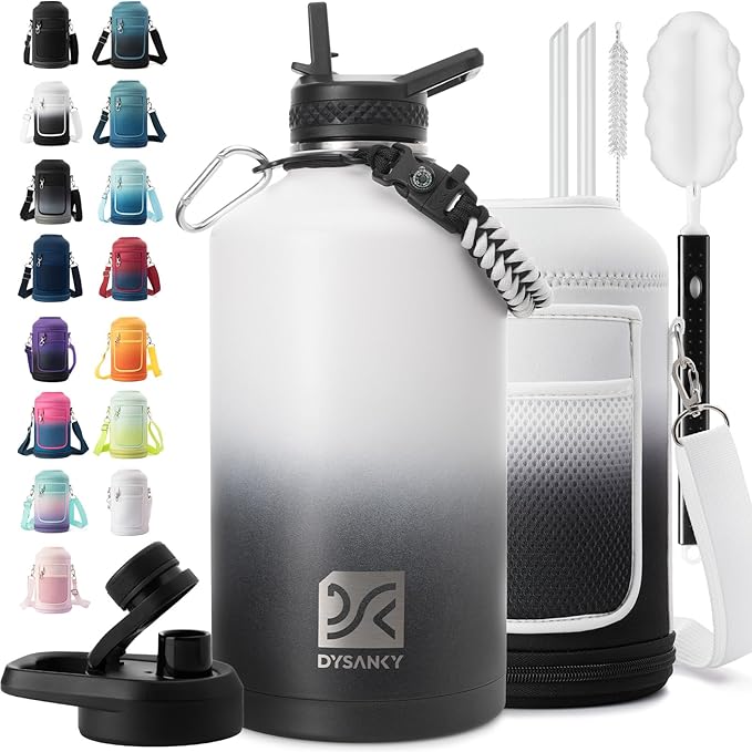 1 Gallon Water Bottle Insulated | Thickened Stainless Steel Vacuum Metal Water Jug | Portable Sports Large for Gym and Hiking with Straw, Carrier Bag, Handle Strap | BPA-Free 128 oz-FlexoryFit