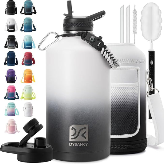 1 Gallon Water Bottle Insulated | Thickened Stainless Steel Vacuum Metal Water Jug | Portable Sports Large for Gym and Hiking with Straw, Carrier Bag, Handle Strap | BPA-Free 128 oz-FlexoryFit