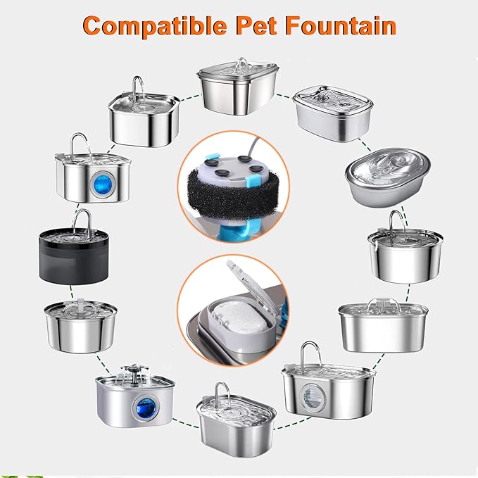 Cat Water Fountain Filters, 8 Filters+8 Sponge Replacement Filters for 108/3.2L and 67oz/2LStainless Steel Pet Water Dispenser for Dog (8 sets)