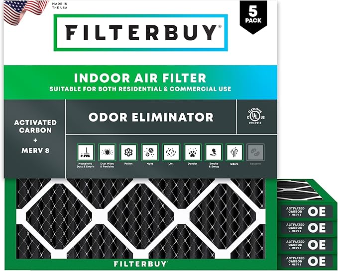 Filterbuy 20x20x1 Air Filter MERV 8 (MPR 700) Odor Eliminator Replacement (5-Pack), Electrostatic Pleated HVAC AC Furnace Filters w/Activated Carbon, Made in USA (Actual Size: 19.50 x 19.50 x 0.75)