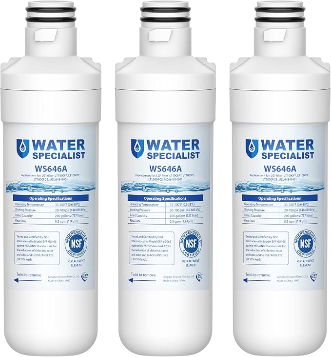 Waterspecialist LT1000PC ADQ747935 Replacement for LG® LT1000P®, LT1000PCS, LFXC24796S, LMXS28626S, LFXS26973S, ADQ74793501, ADQ74793502, 46-9980, 9980 Refrigerator Water Filter, Pack of 3