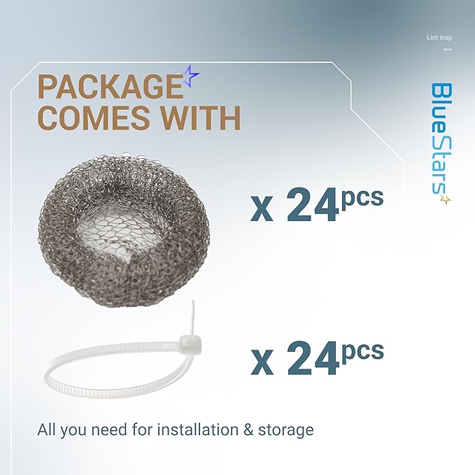 BlueStars 24 Pieces Washing Machine Lint Traps with 24 pcs Cable Ties, Rust-Proof Stainless Steel Mesh Lint Snare Trap for Washer Hose Lint Catchers