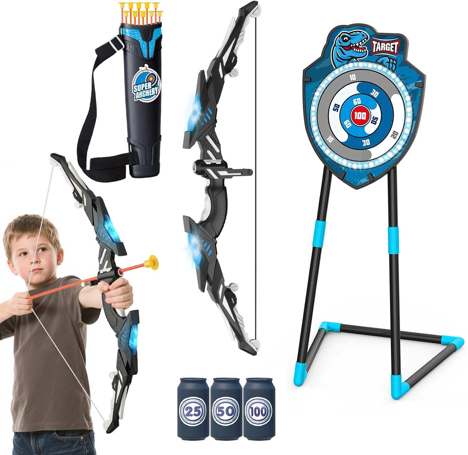 LED Standing Target Archery Set with Bow & Arrows for Kids 4-12 Years Old, Outdoor Sports Toy Gift for Boys & Girls