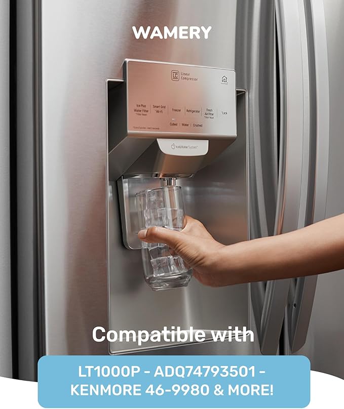 Wamery Alkaline Refrigerator Water Filter Replacement - Model LT1000P/PC/PCS (ADQ747935), 6-Month/200-Gallon Life, Twist-In Tool-Free Install, IAPMO to NSF/ANSI 42, Leak-Free Seal, 1 Pack
