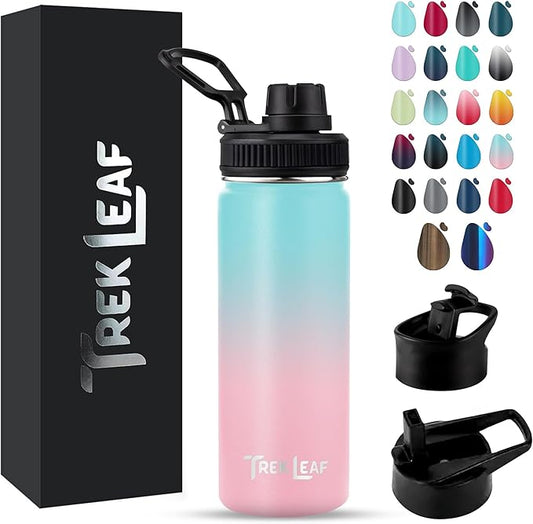 Travel Water Bottle with 3 Lids (Spout, Straw, Flip) Leak Proof, Quality, Vacuum Insulated, Stainless Steel (Hydrangea, 18 oz)