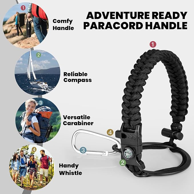 Insulated Water Bottle 40 oz, Triple Wall Vacuum Stainless Steel (Cold for 48 Hrs), Leak Proof & Non-BPA, Modern Water Flask Jug with Paracord Handle & Straw Spout Lids, Magic Black-FlexoryFit