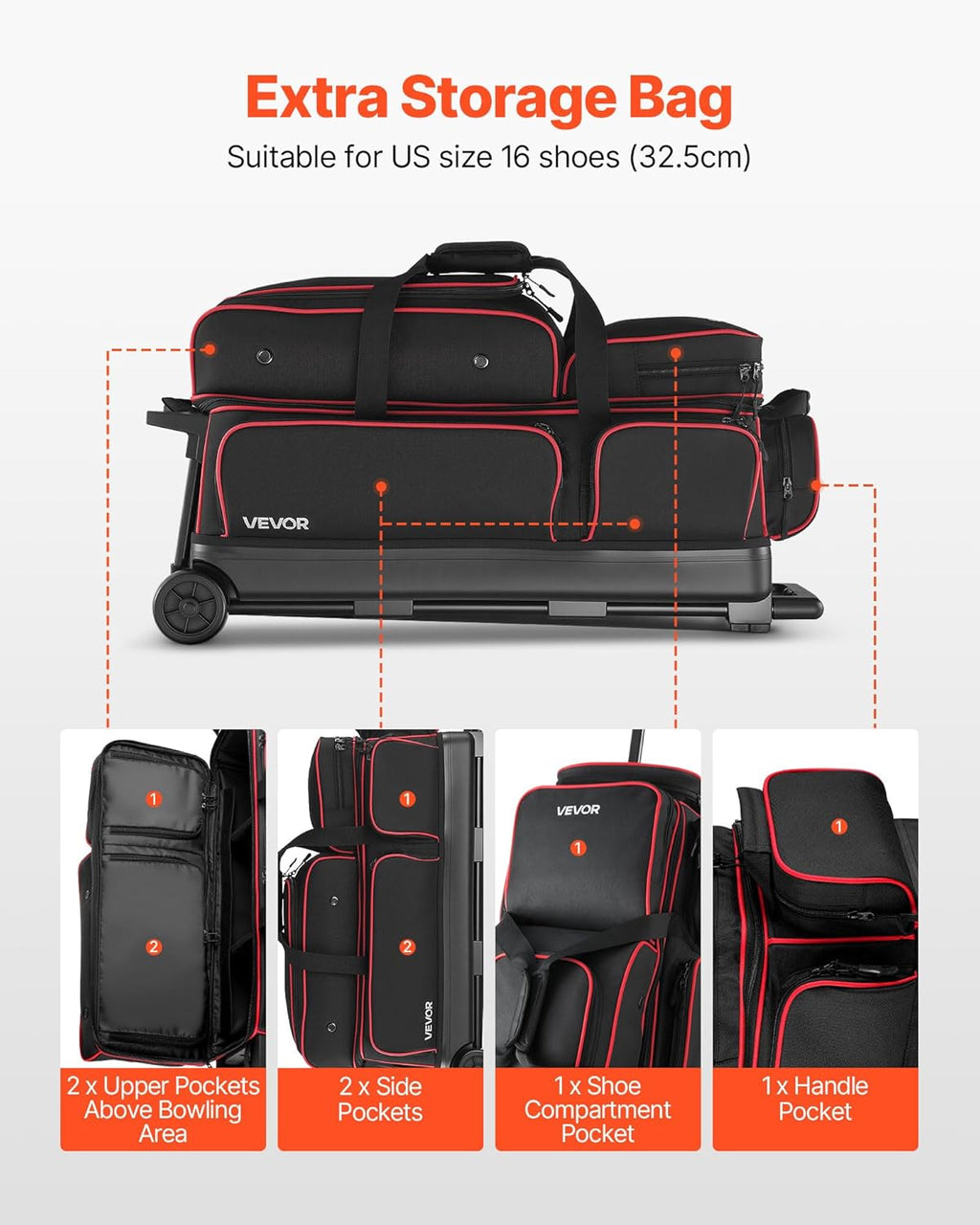 VEVOR Bowling Ball Bag, 3 Ball Double Roller Bowling Bag with Wheels, Featuring a Separate Compartment for Shoes (Up To US Size 16) & Oversized Accessory Pocket, Retractable Handle Extends to 41.34 in