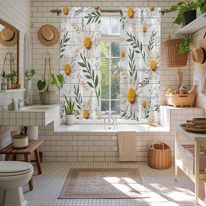 Spring Daisy Kitchen Curtains, Farmhouse Country Flower Leaf Plant Wood Grain - Image 5