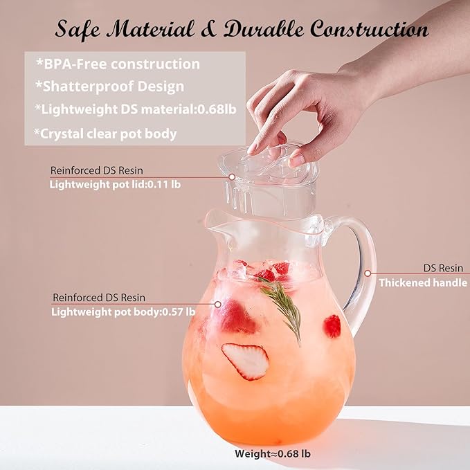 Plastic Pitcher, Clear Water Pitcher with Lid, Fridge Jug, BPA-Free, Shatter-Proof, Great for Iced Tea, Lemonade, Juice, Milk, and More (2 Quart/72oz)