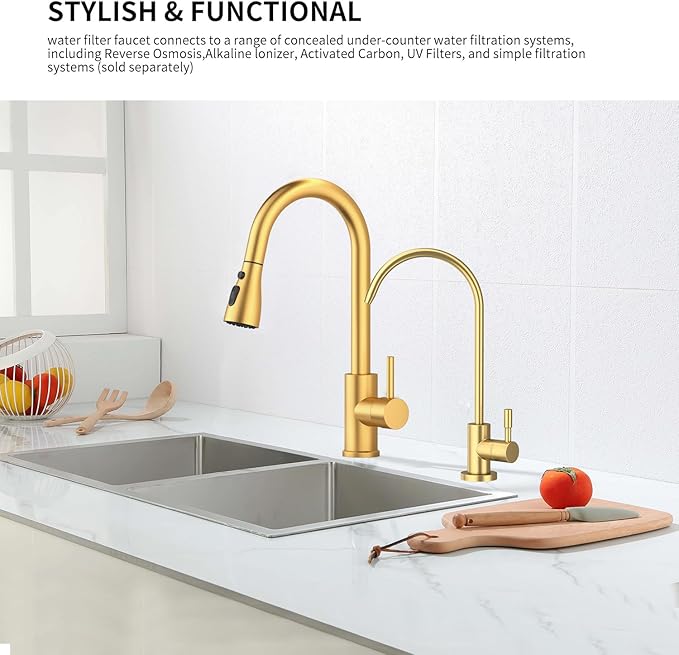 Kitchen Sink Faucet with Pull - Down Sprayer, 2 - Handle 3 - in - 1 Kitchen Sink Filter Faucet, Cold and Hot Mixer Drinking Water Faucet (Gold)