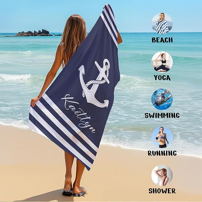 JML Personalized Beach Towel with Name, Custom Anchor Beach Towel, Customized Microfiber Pool Towel, Quick Dry & Absorbent Swim Towel for Adult,Anniversary, Birthday, Summer Holiday,Vacation-FlexoryFit