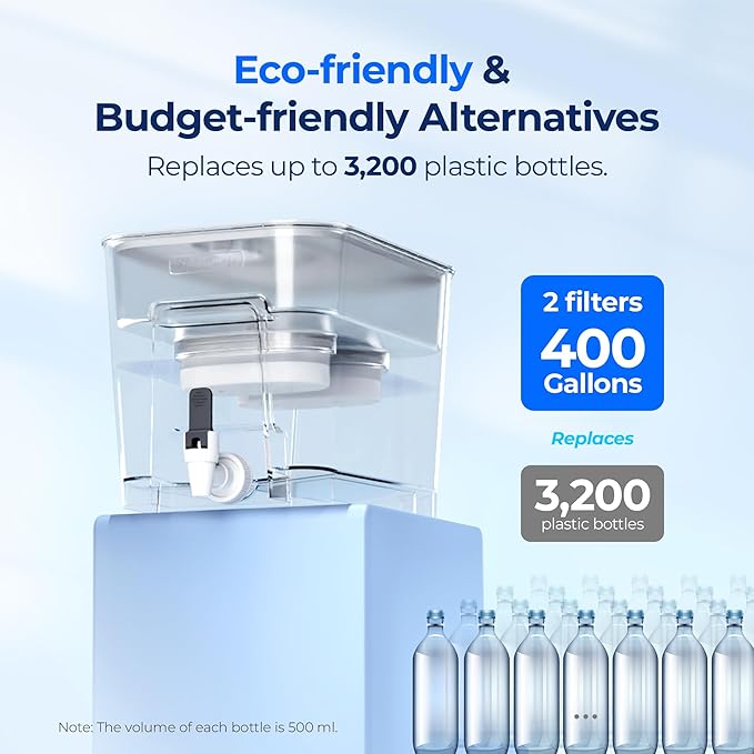 Waterdrop 40 Cup Dual Filter Dispenser, 8X Faster Filtration, 400-Gallon Lifespan, Water Filter Dispenser for Home/Office, 2 Replacements, 10X Longer Lifetime, Reduces Chlorine, PFOA/PFOS，White