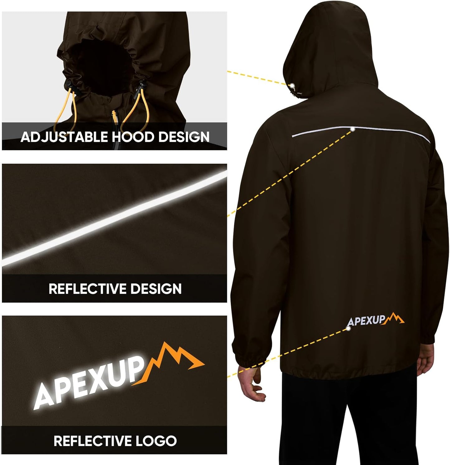 APEXUP Packable Rain Jacket Men with Reflective Zipper, Lightweight Waterproof Raincoat, Mens Rain Jacket for Outdoor Sports