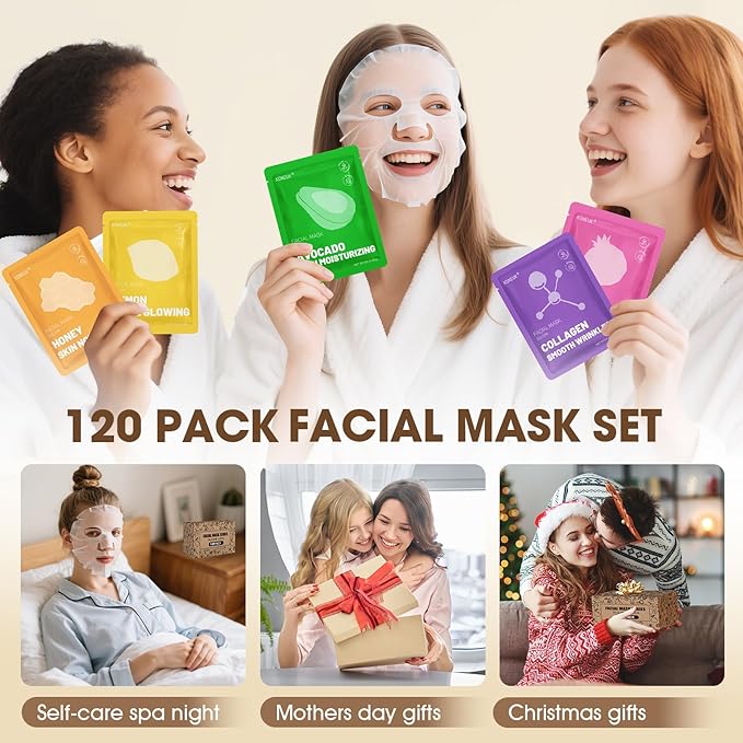 120 Pack Collagen Essence Sheet Face Masks Skincare, Moisturizing & Hydrating Face Mask for Skin Care, Bulk Face Masks for All Skin Types, Spa Party Gifts for Women (12 Types x 10 Pcs)-FlexoryFit
