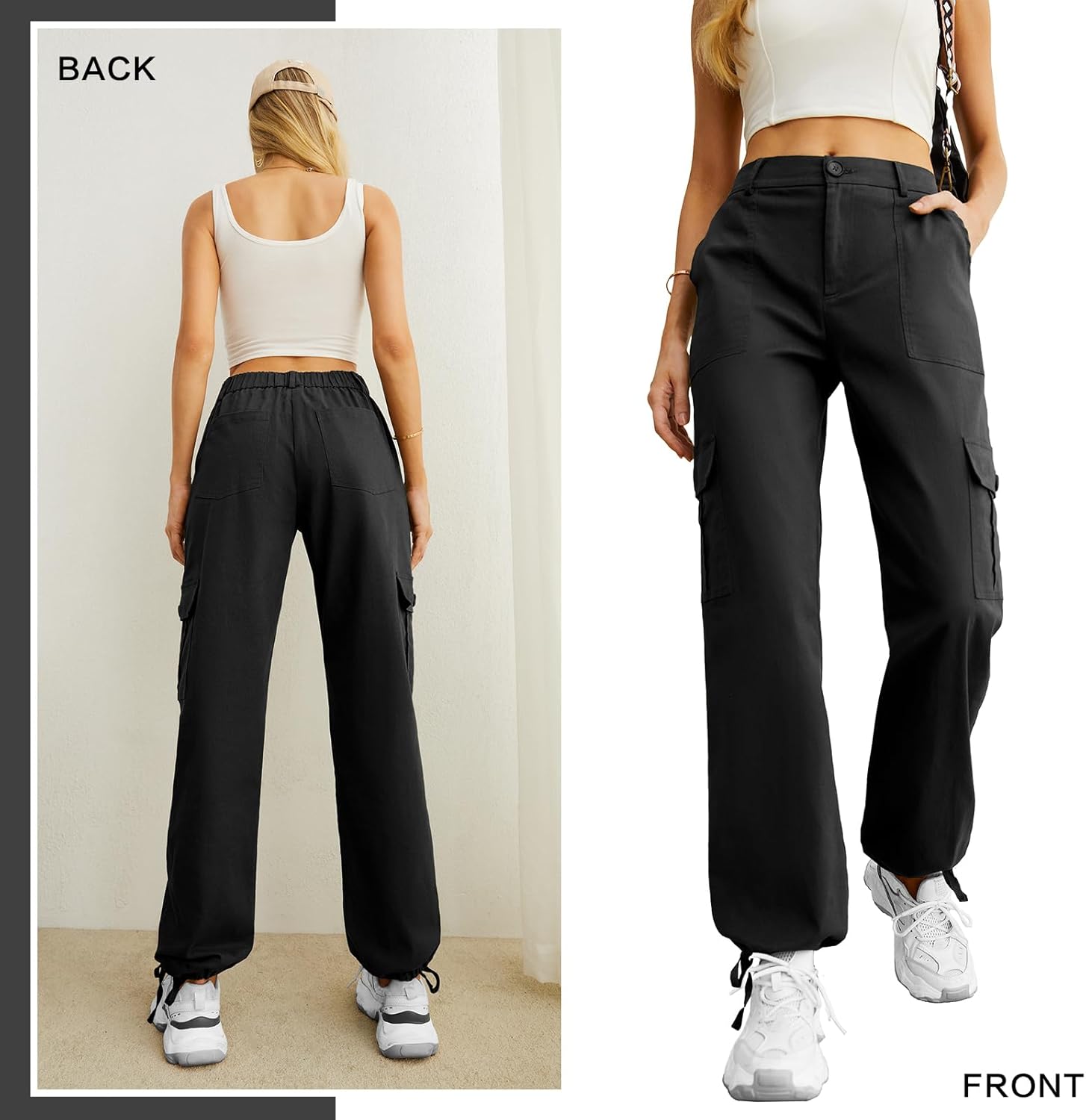 Lepunuo Women's High Waisted Cargo Pants Travel Y2K Streetwear Baggy Stretchy Pants with 6 Pockets Drawstring Ankle Cuffs