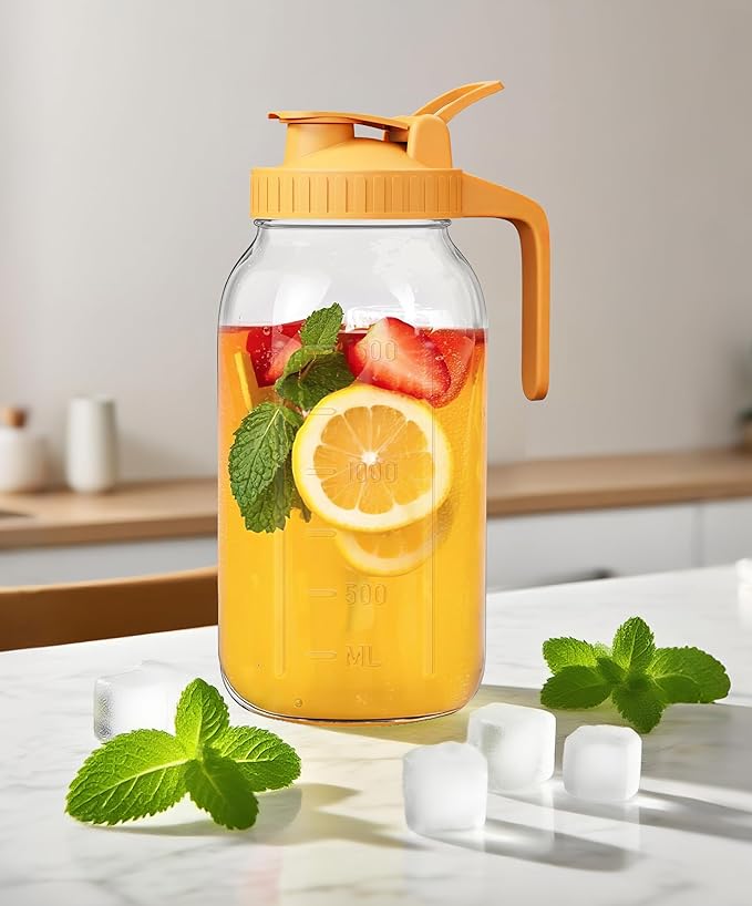 2 Quart Wide Mouth Glass Pitcher with Lid, 64oz Mason Jar Pitcher, Leak-proof Iced Tea Pitcher,Heavy Duty Container for Fridge Sweet Tea,Juice,Cold Brew Coffee,Breastmilk Storage Drinks-1PACK/Black