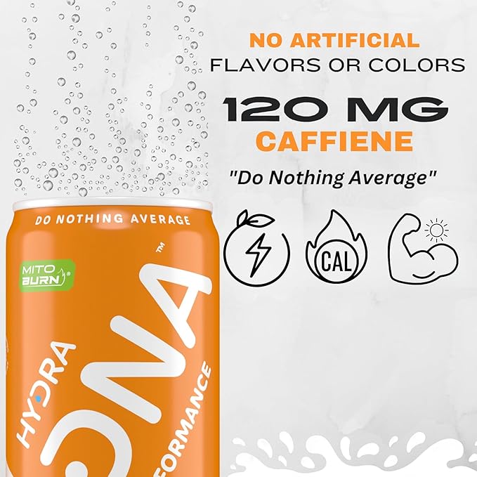 HYDRADNA- Clean Performance Drink, Zero Sugar | For Natural Fuel, Alertness, Boost, Stamina,120 mg Organic Caffeine, Natural Flavors, Zero Sucralose, Clean Ingredients (12 Pack) (12 Pack, Orange)-FlexoryFit
