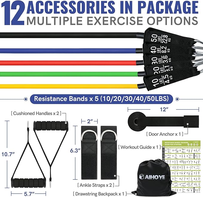 Aihoye Resistance Bands for Working Out, Exercise Bands with Handles, Stretch Bands for Exercise, Workout Bands with Door Anchors for Physical Therapy & Strength Training-FlexoryFit