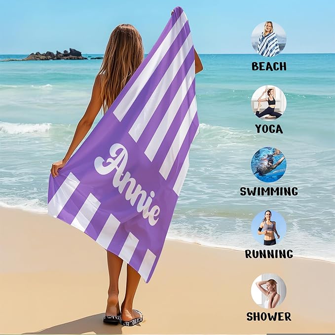 JML Personalized Beach Towel with Name, Custom Cabana Stripe Beach Towel, Customized Microfiber Pool Towel, Quick Dry & Absorbent Swim Towel for Adult,Mother's Day, Birthday, Summer Holiday,Vacation-FlexoryFit