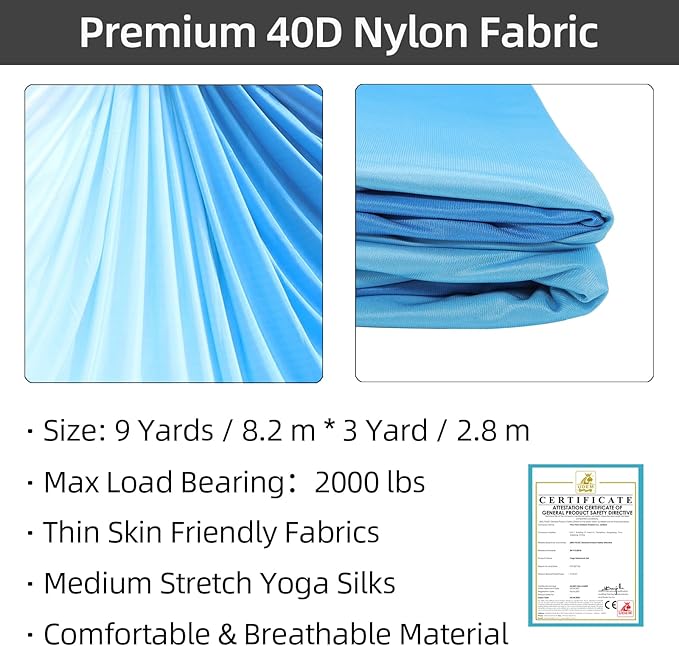 PRIOR FITNESS Aerial Silks Kit Colorful 9/15/20 Yards 40D Nylon Fabric Hammock Set With Hardware & Guide for All Levels Of Aerial Yoga Practice and Acrobatic Flying For Adults Aerial silk-FlexoryFit