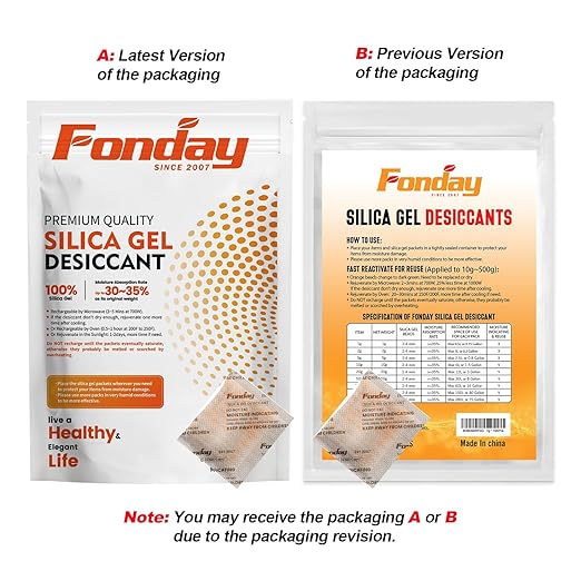50Gram 20Packets Fonday Rechargeable Silica Gel Desiccant Packets Food Grade Fast Reactivate Desiccant Bags Moisture Indicating Orange to Green