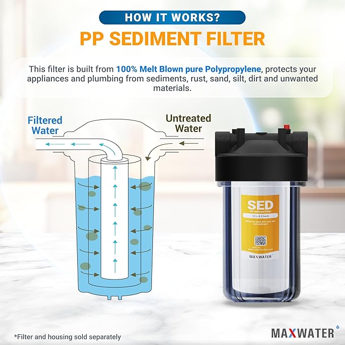 Max Water 5 Micron 10 x 4.5 inch Whole house Sediment Water Filter | Meltblown Polypropylene Well Water Filter Replacement Cartridges for DGD-5005, AP810, SDC-45-1001, GXWH30C, PP10BB (1 Pack)
