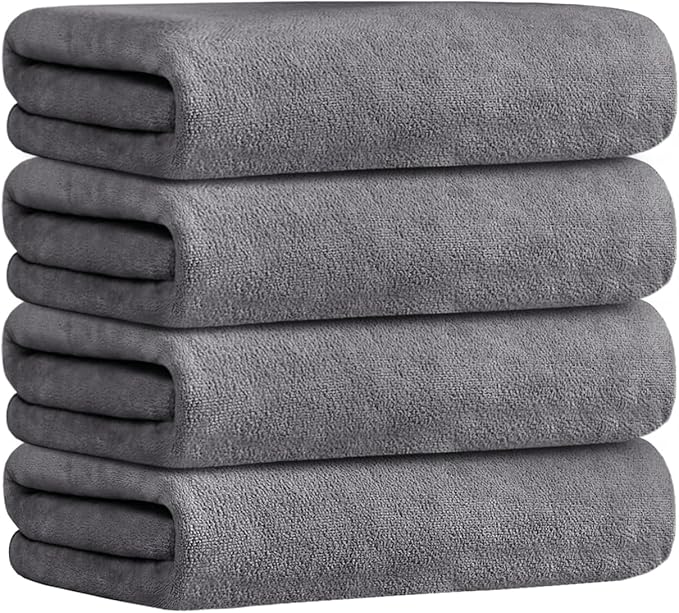 JML Microfiber Towels, Bath Towel Set 4 Pack, 27" x 55" - Super Absorbent, Fast Drying Bathroom Towel for Hair, Swimming, Fitness, Sport, Yoga -Grey-FlexoryFit
