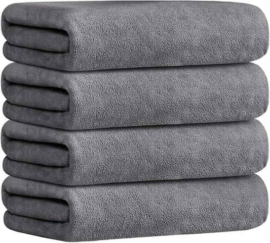 JML Microfiber Towels, Bath Towel Set 4 Pack, 27" x 55" - Super Absorbent, Fast Drying Bathroom Towel for Hair, Swimming, Fitness, Sport, Yoga -Grey-FlexoryFit