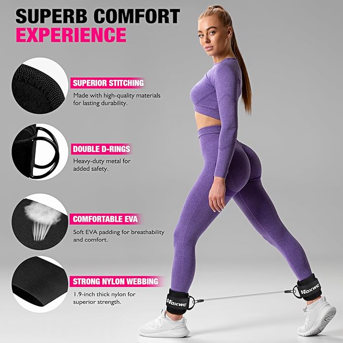 Ankle Resistance Bands with Cuffs, Ankle Bands for Working Out, Ankle Resistance Band for Leg, Booty Workout Equipment for Kickbacks Hip Fitness Training, Exercise Bands for Butt Lift Women-FlexoryFit