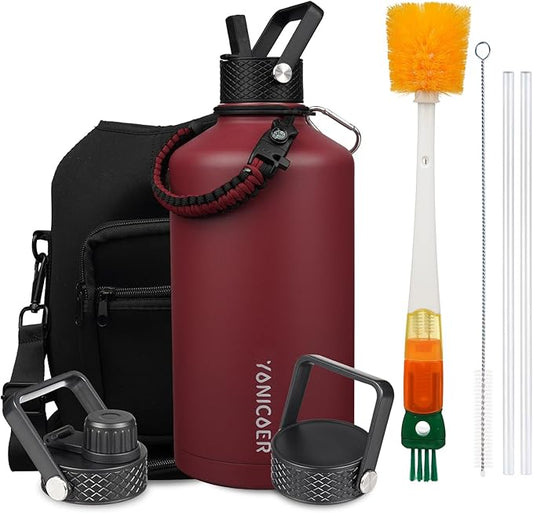 Insulated Water Bottle 64oz,Triple Wall Vacuum Stainless Steel(Dishwasher Safe),Leak Proof & Non-BPA,Flask Jug with Paracord Handle & Straw Spout Lids Sports-FlexoryFit