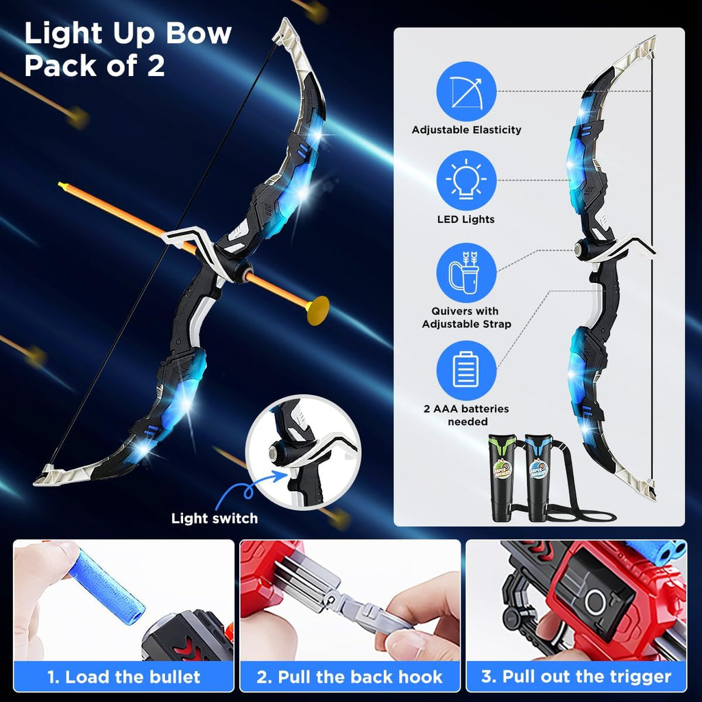 VATOS 2 Pack Bow and Arrow Toy for 5 6 7 8 9 10 11 Year Old Boys Girls, Light Up Archery Toy with Cup Suction Standing Target & 29 in Dart Board, Indoor Outdoor Activity Toys Birthday