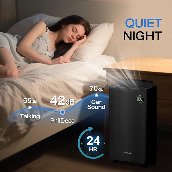 PHILODECO 80 Pint 4500 Sq.Ft with Drain Hose, Automatic Defrosting, Intelligent Humidity Control with 24HR Timer, Smart Quiet Dehumidifier, for Basement, Bathroom, Bedroom, Home, Black