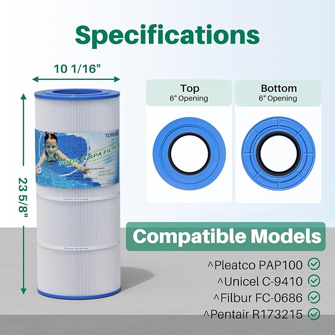 TOREAD® Replacement for Pool Filter Pentair CC100, CCRP100, PAP100, PAP100-4, Ultral-C3, Unicel C-9410, R173215, Filbur FC-0686, 59054200, 160316, 160354, SP100 Predator 100, 100 sq. ft. Cartridge