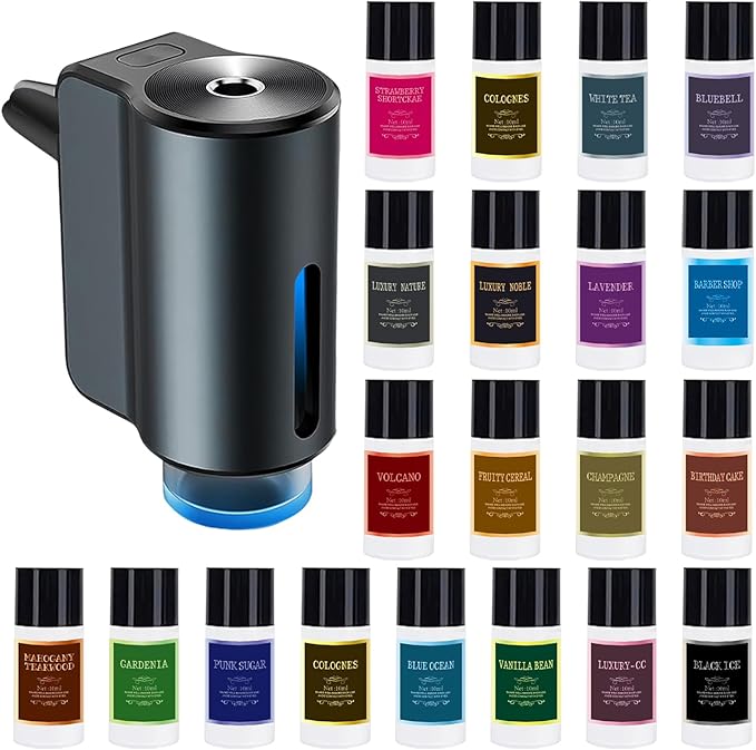 Smart Car Air Fresheners Diffuser with 4pcs Essential Oils, Automotive Scent Dispenser Rechargeable Aromatherapy Diffuser Vent Clip for Cars, 3 Adjustable Modes (Grey with 20pcs Oils)
