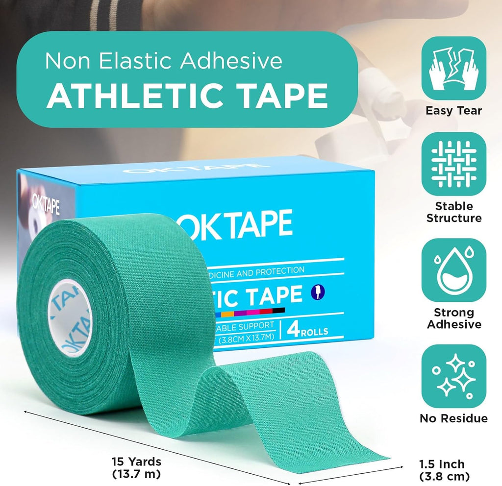 OK TAPE 4 Rolls Athletic Tape, Sports Tape for Injuries, Rigid, Easy Tear Medical Tape, Wrist Tape, No Sticky Residue | Secure Ankle, Finger, Knee- 1.5inch x 15yards (Teal Blue)