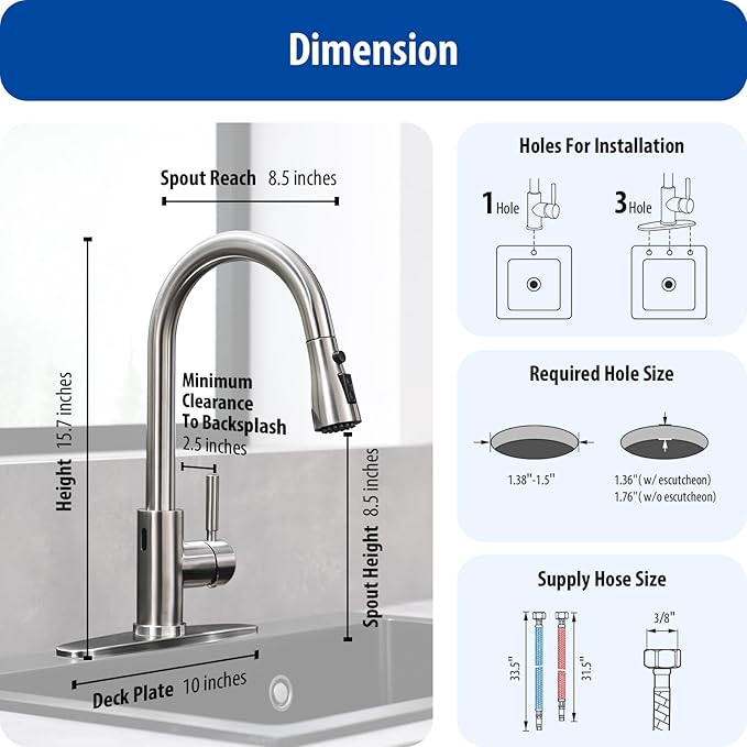 WEWE Touchless Kitchen Faucet with Pull Down Sprayer - Single Handle Kitchen Faucets Smart Motion Sensor Stainless Steel Brushed Nickel Sink Faucet