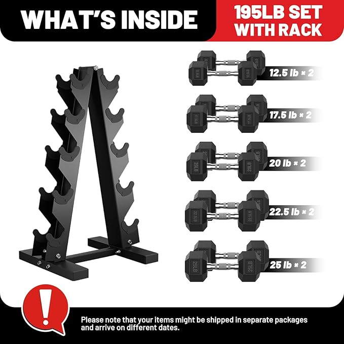 PAPABABE Hex Dumbbell Sets with Rack, 60-550lb Rubber Coated Dumbbell Weight Set and Storage Rack, Multiple Options Hand Weights for Strength Training-FlexoryFit