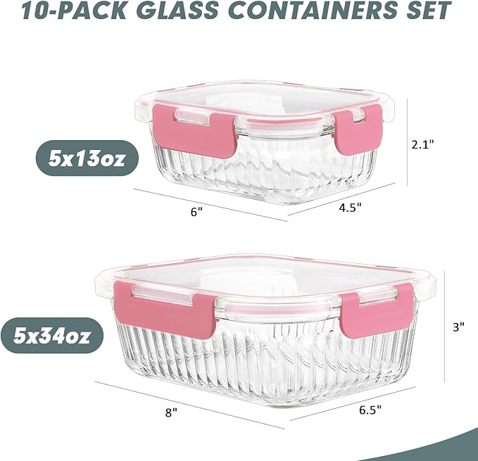 10 Packs Glass Meal Prep Containers with Lids, Glass Food Storage Containers Set, Airtight Lunch Containers, Microwave, Oven, Freezer and Dishwasher Safe, Pink-FlexoryFit