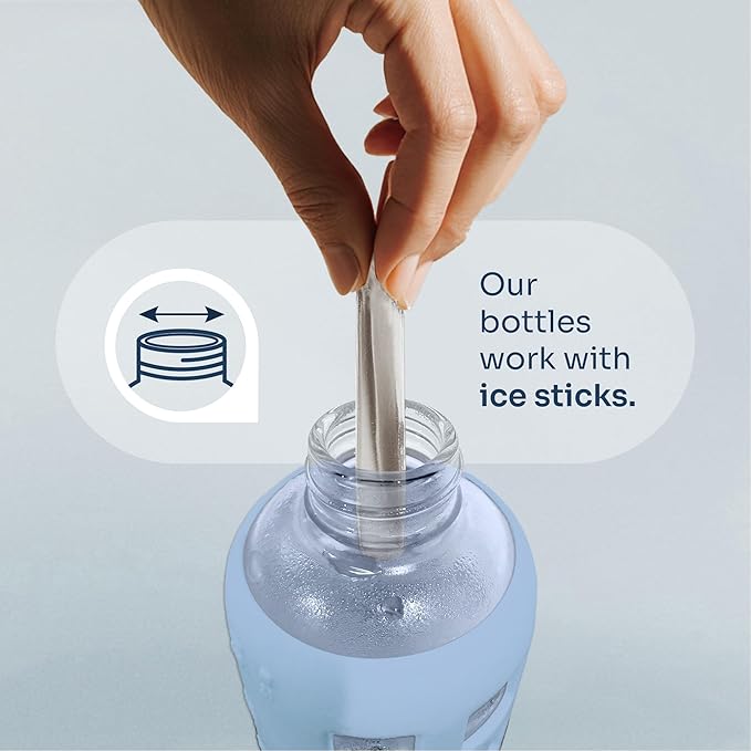 purifyou 40oz / 32oz / 22oz / 12oz Borosilicate Glass Water Bottle with Time & Volume Markers, Silicone Sleeve, Stainless Steel Lid | Reusable Glass Bottle for Water & Juice (22oz Ice Blue)